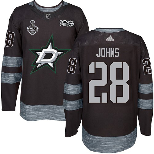 Men Adidas Dallas Stars #28 Stephen Johns Black 1917-2017 100th Anniversary 2020 Stanley Cup Final Stitched NHL Jersey->dallas stars->NHL Jersey